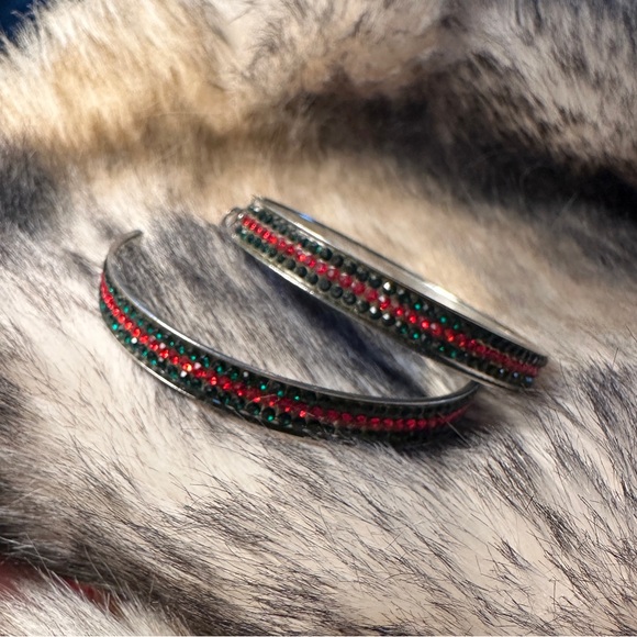 Festive Crystal Rhinestone Silver Tone Hoop Earrings - Picture 2 of 5